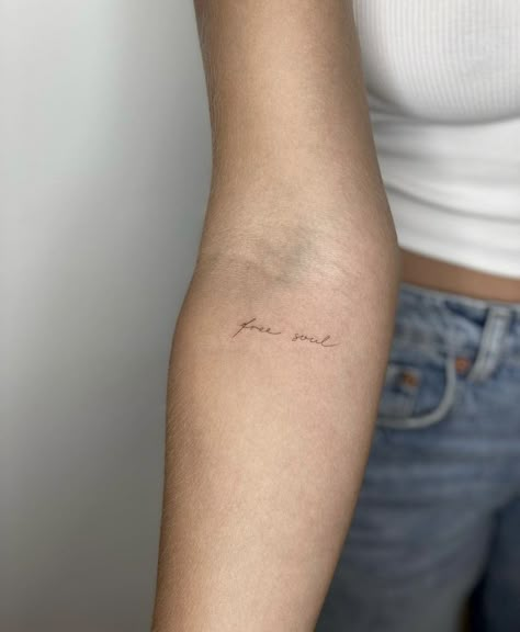 Light Cursive Tattoo, Light Script Tattoo, Long Cursive Font Tattoo, Fine Line Text Tattoo, Unwritten Tattoo, Light Brown Tattoo, Dainty Script Tattoos, Fine Line Name Tattoo, Dainty Arm Tattoos