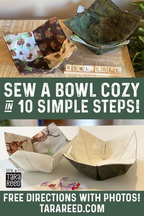 FREE PATTERN - Bowl cozies are great for hot food or cold - soup from the microwave or ice cream from the freezer!  Learn how easy they are to make - just 10 steps!  #bowlcozy #bowlcozypattern #soupcozy #freepattern #bowlcozypatternfree #tarareed #tarareeddesigns #sendmetothewoodsfabric #rileyblakedesigns Cozy Bowl Pattern Free, Bowl Cozy Pattern, Ice Cream Cozy, Microwave Bowl Cozy, Tara Reed, Bowl Cozies, Cozy Pattern, Diy Bowl, Sewing Machine Projects