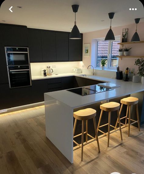 Kitchen With Island Apartment, Kitchen Unit Lighting Ideas, Small Modern Kitchens With Islands, Kitchen With Led Lights, Small Island Kitchen, Open Plan Kitchen Dining Living Layout, Small Kitchen With Island, Led Lights Kitchen, Contrasting Kitchen