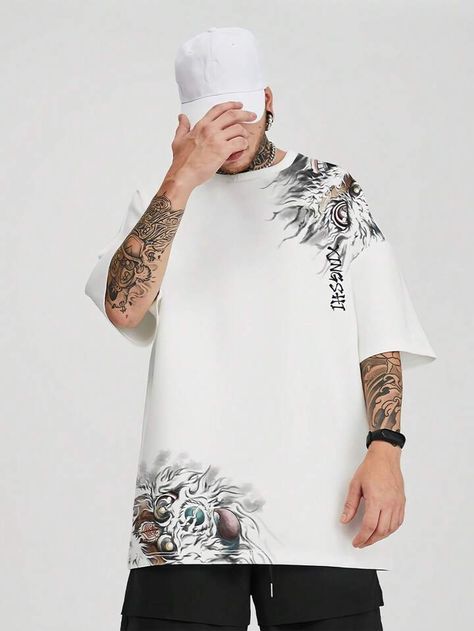 Men's Lion And Letter Printed Round Neck Oversized Short Sleeve T-Shirt | SHEIN USA Lightning Tattoo, Tee Shirt Fashion, Shirt Fashion, Mens Tees, Letter Prints, Cartoon Characters, Tee Shirt, Kids Tshirts, Lion