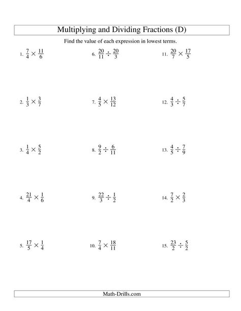 The Multiplying and Dividing Fractions (D) Math Worksheet from the Fractions Worksheets Page at Math-Drills.com. Divide Worksheet, Dividing Fractions Worksheets, Multiplying Fractions Worksheets, Fractions Division, Multiplying And Dividing Fractions, Negative Numbers Worksheet, Math Fractions Worksheets, Pre Algebra Worksheets, Multiplication And Division Worksheets