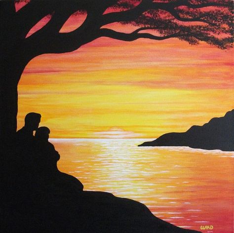 Art Romantic Sunset Painting, Silhouette Arte, Paint Night Ideas, Wal Art, Painting Sunset, Romantic Paintings, Silhouette Painting, Romantic Sunset, Paint Nite