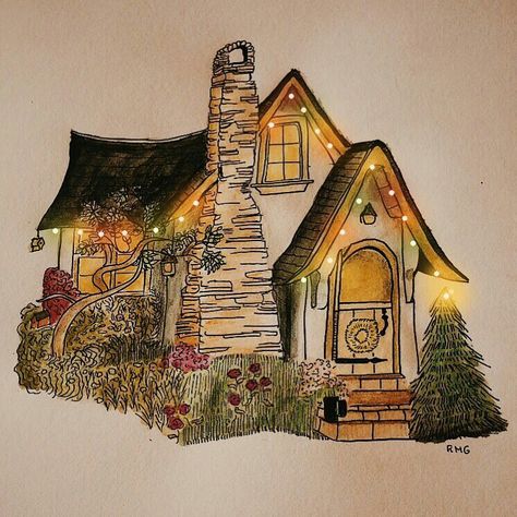 White Canvas Painting Ideas, Watercolor Cottages, Fairy House Drawing, Cottage Drawing, Cottage Illustration, Storybook Art, Creation Art, Canvas Painting Ideas, Canvas Painting Tutorials