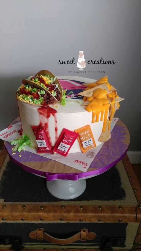 Taco Bell inspired anniversary cake #sweetcreationsbycandi lemon cake with vanilla buttercream. Taco Bell Birthday, Taco Bell Party, Taco Cake, Taco Twosday, Fiesta Cake, Realistic Cakes, 33rd Birthday, Taco Party, Creative Birthday Cakes