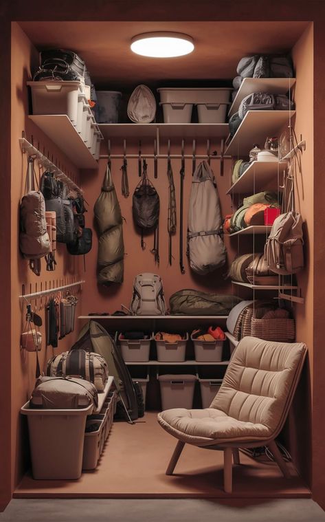 Keep your gear room clutter-free with minimalist gear wall ideas! These designs focus on efficient outdoor gear storage and hiking storage, making it easy to stay organized in even the smallest spaces. 🌿 #CampingGearStorage #HikingStorage #OutdoorGearOrganization Gear Room Organization, Gear Room Ideas, Hiking Storage, Outdoor Gear Organization, Camera Gear Storage, Outdoor Gear Storage, Camping Gear Storage, Adventure Room, Gear Wall