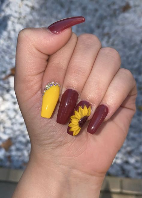 Maroon And Sunflower Nails, Yellow And Maroon Nails, Sunflower And Rose Nails Acrylic, Burgundy Nails With Sunflower, Maroon Sunflower Nails, Burgundy And Sunflower Nails, Burgundy Sunflower Nails, Orange Sunflower Nails, Pink Sunflower Nails