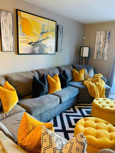 Black White And Mustard Living Room, Charcoal And Mustard Living Room, Dark Yellow Living Room, Living Room Mustard And Grey, Grey And Orange Living Room Ideas, Navy Blue Yellow And Grey Living Room, Blue Gray Couch Living Room Ideas, Mustard Accents Living Room, Mustard Yellow Living Room Decor