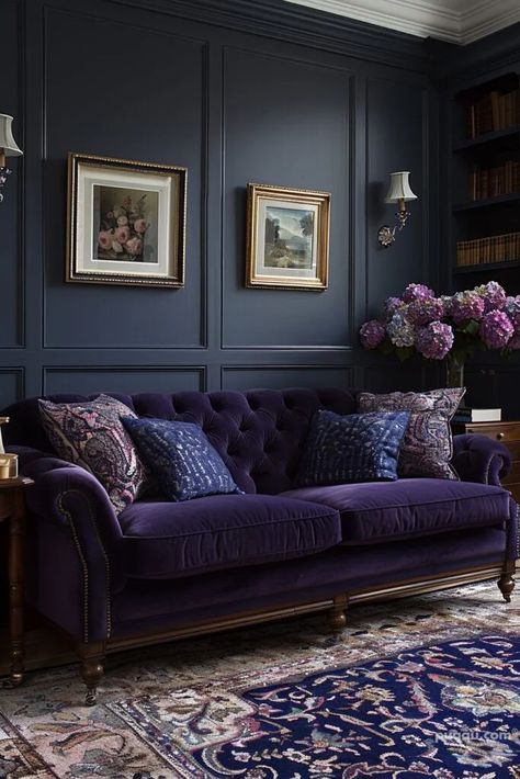 2024-wall-color-trends-5 Dark Boho Living Room, Velvet Sofa Living Room, Art Deco Living, Purple Living Room, Teal Living Rooms, Blue Accent Walls, Art Deco Living Room, Sofa L, Set Sofa