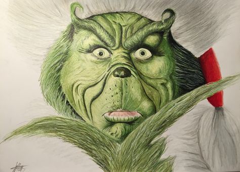 Grinch Christmas Artwork, The Grinch Artwork, Realistic Grinch Drawing, Christmas Colored Pencil Drawings, Grinch Drawing Art, The Grinch Painting, Grinch Drawings, The Grinch Drawing, The Grinch Art