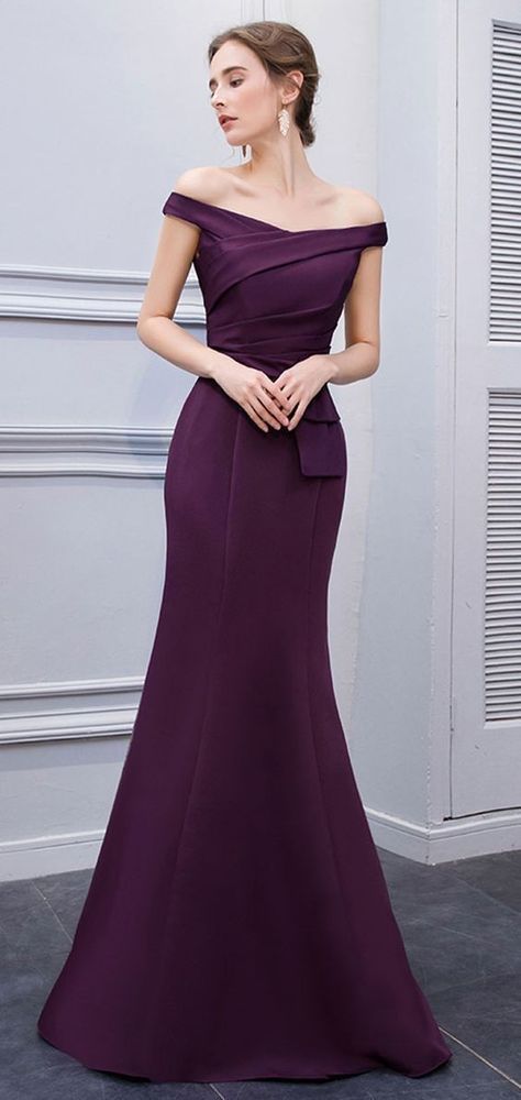 Anniversary Dresses, Simple Evening Dress, Evening Dress Patterns, Purple Evening Dress, Off Shoulder Evening Dress, Satin Evening Dresses, Purple Satin, Mermaid Evening Dresses, Satin Gown