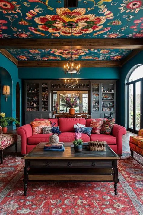 accent ceiling idea Vaulted Ceiling Living Room Colorful, Red Ceiling Living Room, Ceiling Mural Wallpaper, Painted Ceiling Living Room, Wall And Ceiling Same Color, Ceiling Mural Ideas, Accent Ceiling Ideas, Decorated Ceiling, Maximalist Cottagecore