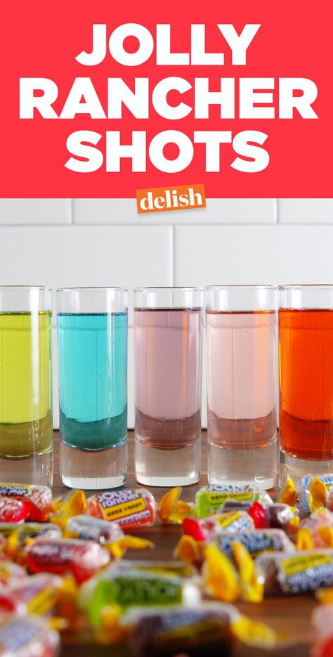 Jolly Rancher Shots prove that candy is dandy, but liquor is quicker. Get the recipe on Delish.com. Candy Shots Recipe, Jolly Rancher Shots Recipe, Jolly Rancher Jello, Jolly Rancher Shot, Jolly Rancher Vodka, Easy Shot Recipes, Shots Alcohol Recipes, Alcohol Shots, Candy Shots