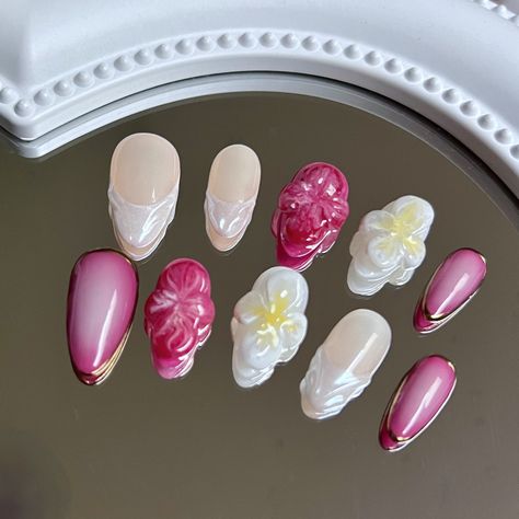 Island of Paradise Press-On Nails 🌺🏝️🌊 #pressonnails #nailsnailsnails #nailart #summernails #summervibes #pinknails #flowernails #floralnails #orchidnails #frangipaninails Frangipani Nails, Island Nails, Orchid Nails, Girl Heaven, Korean Nails, Glow Nails, 3d Nails, Floral Nails, Cool Nail Designs