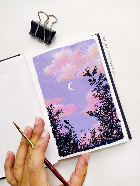 Painting of a beautiful evening Sky Aesthetic Painting, Pastel Sky Painting, Evening Sky Painting, Sky Watercolor Painting, Cherry Blossom Painting Acrylic, Diy Canvas Art Easy, Sunset Canvas Painting, Purple Painting, Sky Art Painting