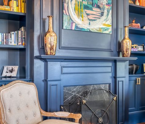 Victorian fireplace, built-ins, navy blue wall Navy Built Ins With Fireplace, Fireplace Mantle With Built Ins, Blue Fireplace Mantel, Navy Mantle, Painted Built Ins Fireplace, Navy Fireplace Wall, Blue Fireplace Wall, Navy Blue Fireplace, Full Wall Fireplace