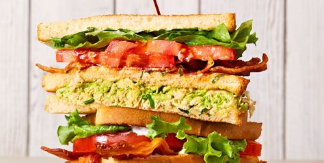 Hungry? Avocado Chicken Salad Clubs Are Here to Solve That Rotisserie Chicken Salad, Avocado Chicken, Cheap Meal, Bacon Tomato, Avocado Chicken Salad, Lettuce Leaves, Chicken Avocado, Good Housekeeping, White Bread