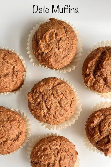 Date muffins on a white plate. Gluten Free Date Muffins Recipes, Date Muffins Recipes Healthy, Date Sweetened Muffins, Date Muffins Healthy, No Sugar Muffins Healthy, Date Muffins Recipes, Recipes With Dates For Pregnancy, Dates Recipes Pregnancy, Date Recipes Pregnancy