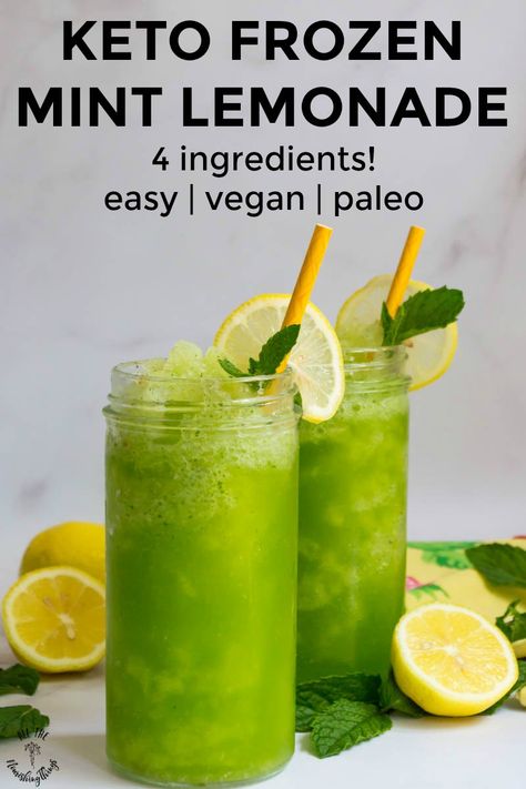 This herbaceous lemon-mint combo is the ultimate easy and healthy summer drink -- an ice-cold Keto Frozen Mint Lemonade! With just 4 ingredients and sweetened with stevia, this healthy slushie recipe is perfect for adults and kids on hot days! #allthenourishingthings #lemonade #ketodrinks #frozenlemonade #summerdrinks #nosugaradded #healthydrinkrecipe #vegandrink Healthy Summer Drinks, Mint Drink, Basil Lemonade, Slushie Recipe, Keto Drinks, Apple Mint, Mint Lemonade, Lemon Drink, Vegan Drinks