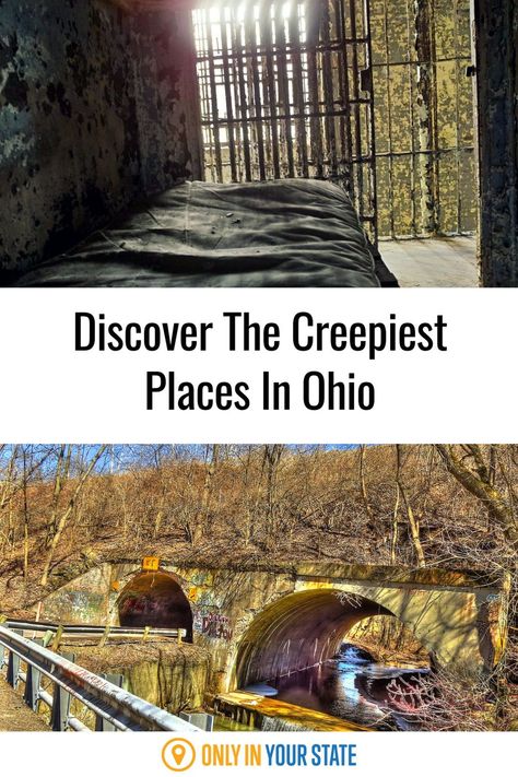 Discover the scariest, most haunted places in Ohio! You'll find the best abandoned destinations, from prisons to asylums, and plenty of ghosts on this spooky list! Haunted Stories, Haunted Places In Ohio, Ohio Hikes, Haunted Ohio, Ohio Adventures, Put In Bay Ohio, Boardwalk Village Celina Ohio, Abandoned Ohio, Ohio Vacations