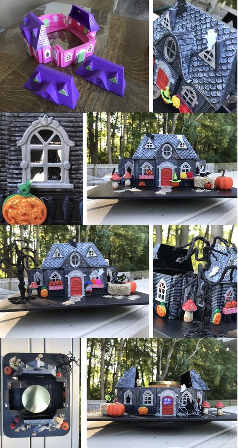 Doll House Haunted House Diy, Dollar Tree Dollhouse Makeover Halloween, Dollar Tree Halloween House, Dollar Tree Doll House Makeover, Dollar Store Haunted House, Dollar Tree Dolls, Halloween Village Diy, Dollar Tree Dollhouse Makeover, Dollar Tree Haunted House