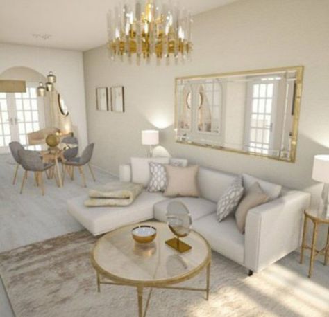 Golden Living Room Decor, Cream And Gold Living Room, Elegant Sitting Room, Sitting Room Ideas Cozy, White Sitting Room, Living Room Workspace, Gold Bedroom Decor, Bohemian Luxe, White Living Room Decor