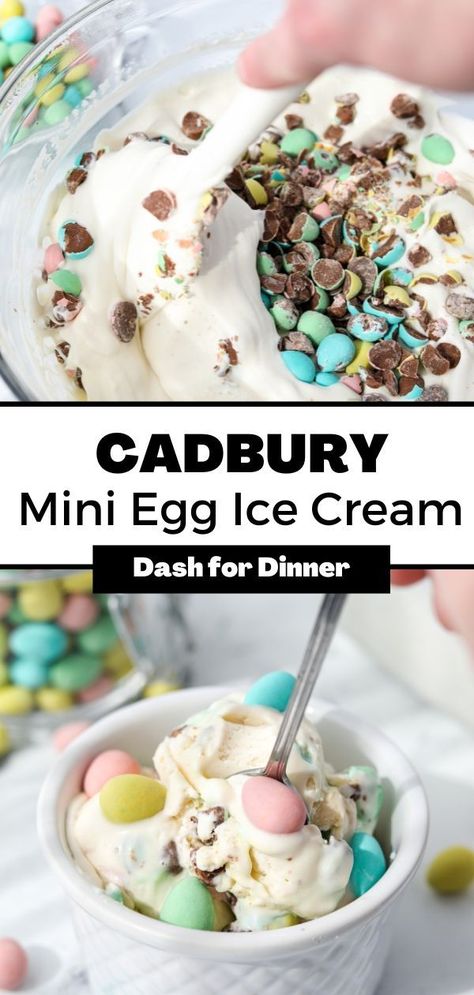 If you're searching for a recipe for Easter dessert or a creative way to utilize some Cadbury Mini Eggs, this mini egg ice cream could be the ideal indulgence for you! This no-churn ice cream recipe only requires four ingredients and is an excellent choice for an Easter dessert or a delightful Springtime activity. Mini Egg Ice Cream Cake, Mini Egg Ice Cream, Cadbury Cream Egg Desserts, Cadbury Mini Egg Recipes, Mini Egg Recipes, No Egg Ice Cream Recipe, Egg Ice Cream, Easter Ice Cream, Ice Cream No Churn