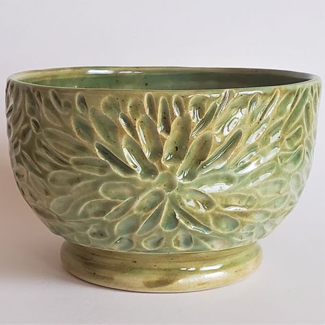 This bowl is handthrown in a stoneware clay and handcarved freeform specifically to capture the breaking of the multiple layers of glazes.  Because of this randomness every bowl is unique. This bowl is 3 1/4 inches high by 5 1/8 inches in diameter and has a 18 ounce capacity. The commercial glazes we use are all food safe and although it is microwave and dishwasher safe we recommend hand washing this baby. This listing is for one bowl. Ceramic Bowl Carving, Ceramics Carved Designs, Funky Ceramic Bowls, Pottery Bowl Carving Ideas, Carved Ceramic Bowls, Ceramic Carving Designs, Pottery Bowl Designs, Ceramic Bowl Ideas, Pottery Carving Ideas