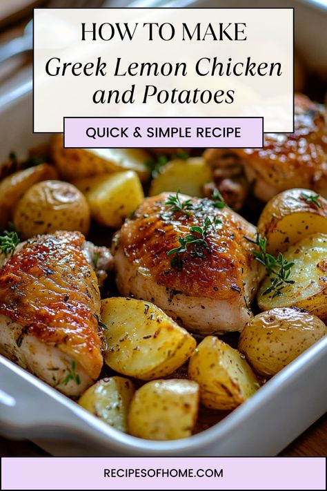 Greek Lemon Chicken and Potatoes - Easy food recipes Greek Weeknight Dinner, Chicken Oregano Recipes, Greek Chicken One Pan Dinner, Greek Lemon Chicken With Potatoes, Chicken And Potato Oven Recipes, Greek Chicken With Potatoes, Greek Roasted Chicken And Potatoes, Chicken Thigh Potato Recipe, One Pan Mediterranean Chicken