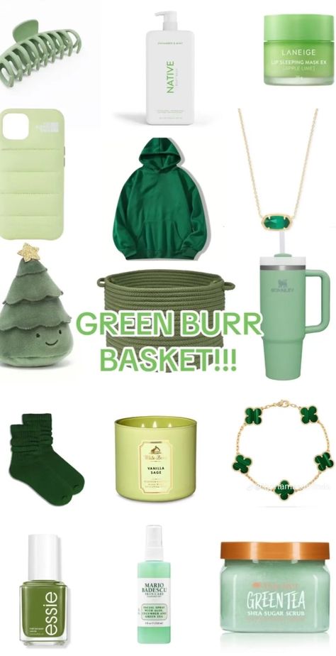 Green Birthday Gift Ideas, Dark Green Gift Basket, Green Themed Gifts, Green Gifts Ideas, Green Burr Basket, Bur Basket Christmas, Green Birthday Basket, Green Gift Basket Ideas, Green Birthday Gifts