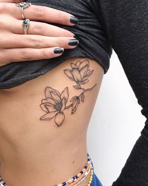 Magnolia Tattoo Small Cool Creative Tattoos, Magnolia Tattoo Linework, Gardenia Plant Tattoo, Magnolia Rib Tattoo, Magnolia Bouquet Tattoo, Best Flowers For Tattoos, Magnolia Tattoo Traditional, Flower And Plant Tattoos, Magnolia Back Tattoo