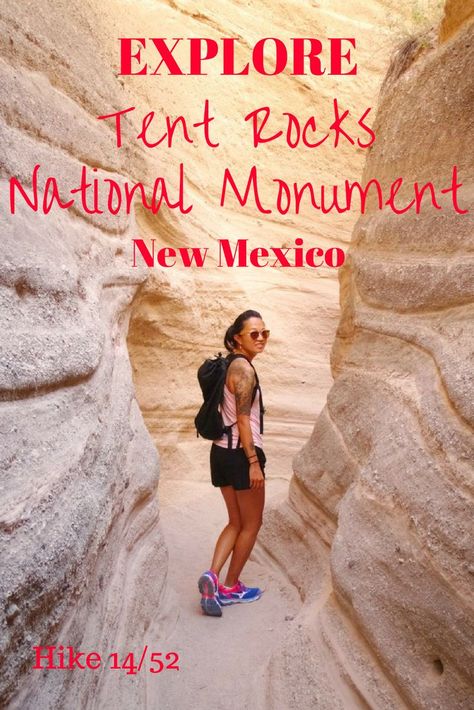 Hike in New Mexico. Hike near Santa Fe. Hike Tent Rocks National Monument. Read about our time there and another national monument! Tent Rocks New Mexico, New Mexico Vacation, New Mexico Road Trip, Travel New Mexico, Roswell New Mexico, Camping Places, Sante Fe, Blue Hole, Hiking Tent