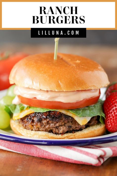 These are the BEST homemade hamburgers!! This cheesy Ranch Burger is complete with the most delicious secret sauce! #ranchburgers #ranchburgerrecipe #burger #hamburger Best Homemade Hamburgers, Ranch Burgers, Hand Held Food, Asian Steak Bites, Creamy Pasta Bake, Easy Burger Recipe, Cheesy Ranch, Easy Burgers, Healthy Baked Chicken