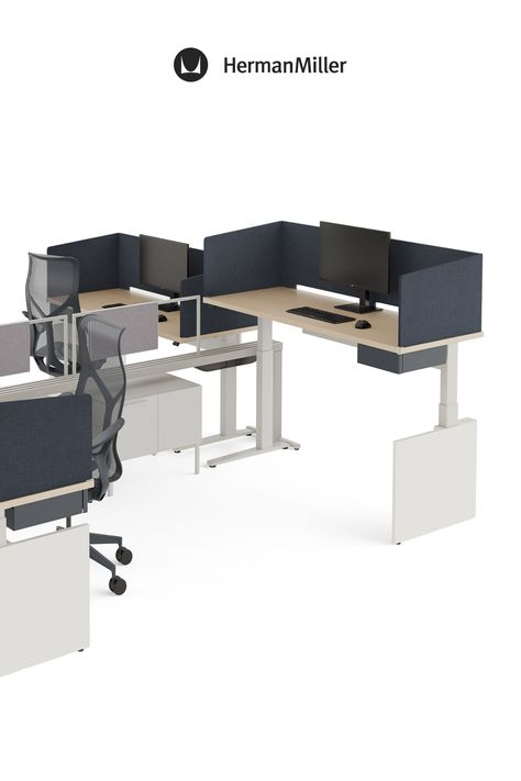 Ambit Workspace Solution accessories on three workspaces, Ambit Screen on sit-to-stand desks with computers Modular Furniture Design, Modern Storage Furniture, Private Workspace, Office Decor Professional, Small Workspace, Modern Office Decor, Office Space Design, Healing Space, Privacy Screens