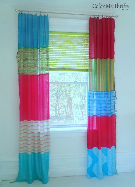 A great way to decorate on a budget is to upcycle old clothes. Check out these creative, easy and cheap DIY ideas to repurpose clothes into your home decor. #hometalk No Sew Boho Curtains, Large Windows Curtains, Sew Scarf, No Sew Scarf, Crate Stools, Musical Decor, Scarf Curtains, Windows Curtains, Reuse Old Clothes