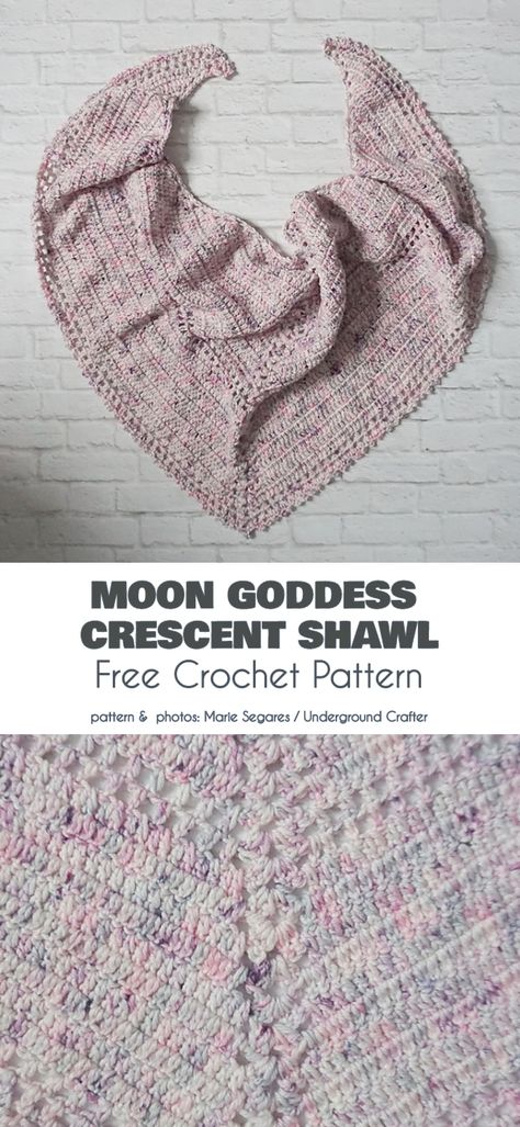 Moon Goddess Crescent Shawl Free Crochet Pattern Crescent Shawl Pattern, Shawl In A Ball, Crochet Triangle Shawl Pattern, Shawlette Pattern, Yarn Clothes, Crochet Prayer Shawls, Crescent Shawl, Yarn Shawl, Crochet Stitches Guide