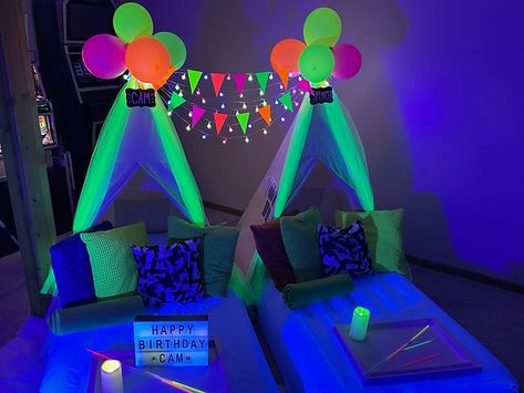 Neon Sleepover, Gamer Sleepover Tents, Birthday Tents Sleepover, Birthday Dance Party, Asthetic Sleepover Tents, Canopy Sleepover Slumber Parties, Birthday Dance, Party Sleepover, Neon Birthday Party