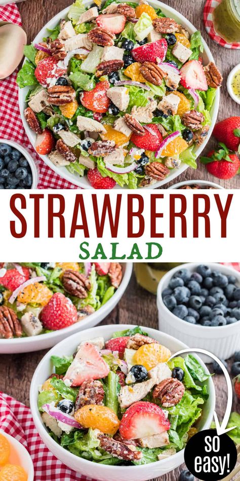 This copycat Panera Strawberry Pecan Salad is loaded with fresh berries and candied pecans. Tossed with a sweet homemade lemon poppy seed dressing, it's the perfect fresh salad warm summer days! Strawberry Pecan Salad, Lemon Poppy Seed Dressing, Strawberry Salad Recipe, Copycat Panera, Seed Salad, Viral Recipes, Shugary Sweets, Poppy Seed Dressing, Pecan Salad