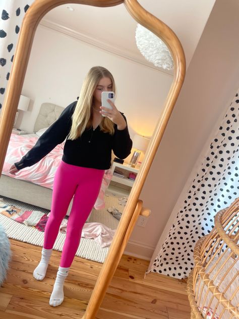 Jacket-Lulu, Leggings-lulu, socks-nike, Colored Lululemon Leggings Outfit, Pink Lulu Leggings Outfit, What To Wear With Pink Leggings, Hot Pink Leggings Outfit, Socks And Leggings Outfits, Lulu Lemon Leggings Outfit, Lulu Lemon Outfits, Leggings Outfit For School, Pink Leggings Outfit