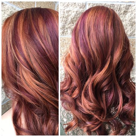 Auburn And Burgundy Hair, Dimensional Red Hair Dark, Ginger Hair Purple Highlights, Natural Red Hair With Purple Highlights, Ginger With Purple Highlights, Red Hair With Colored Streaks, Red Hair With Purple Highlights, Copper And Purple Hair, Ginger And Purple Hair