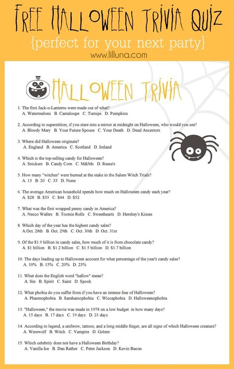 FREE Halloween Trivia game - perfect for your upcoming party! Halloween Trivia Questions, Halloween Trivia, Halloween Quiz, Halloween Office, Halloween Facts, Trivia Game, Halloween Party Games, Halloween Tags, Trivia Quiz