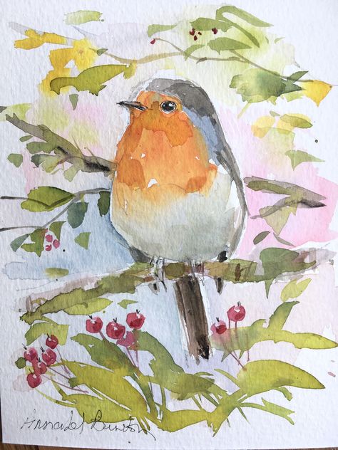 Robin Watercolour Painting, Watercolour Birds Simple, Watercolor Birds Paintings, Robin Watercolour, Watercolour Robin, Bird Watercolor Art, Watercolour Bird, Watercolor Art Landscape, Bird Watercolor Paintings