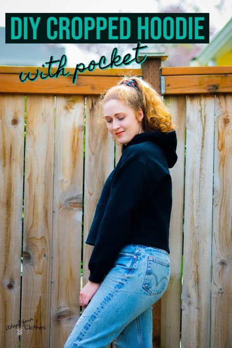 Learn how to easily crop a hoodie while keeping that nice big pocket!    #AYC #sewing #diy #refashion #hoodierefashion #upcycle How To Crop A Hoodie Diy, How To Crop A Sweatshirt Diy, Diy Cropped Sweatshirt, Crop Hoodie Diy, Diy Cropped Hoodie, Diy Hoodie Refashion, Upcycling Clothing, Cut Hoodies, Hoodie Upcycle