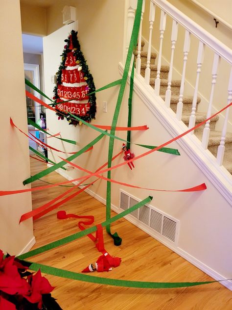 Elf On The Shelf Obstacle Course, Elf Obstacle Course, Elf On The Shelf Ideas For Three Elves, Elf Mess Ideas, Christmas Obstacle Course For Kids, Christmas Obstacle Course, Elf On The Shelf Obstacle Course Ideas, Elf Sledding, Elf Sleepover