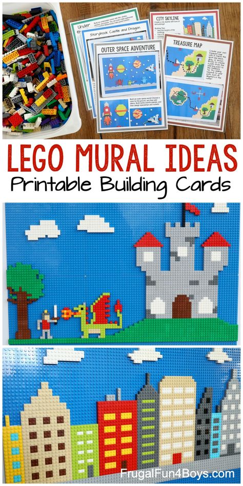 LEGO Mural Building Ideas - with 5 printable building cards! Fun ideas for a LEGO wall. #lego #legofan #kidsactivities Lego Activity For Kids, Lego Spinning Tops, Diy Lego Wall Art, Wall Timeline Ideas, Lego 3d Art, Lego Back To School, 3d Printing Ideas Lego, Lego Patterns Printable, Lego Art Ideas