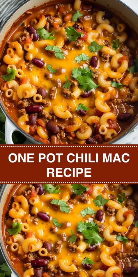 Looking for a quick and easy weeknight dinner? Try this One-Pot Chili Mac recipe! Combining the flavors of hearty chili with cheesy macaroni, this delicious meal is perfect for busy families. Made with ground beef, beans, and plenty of spices, it's a comforting dish that's ready in under 30 minutes. Plus, there's minimal cleanup! Ideal for those craving a simple, satisfying dinner. Chilli Casserole Recipes, Homemade Chilli Mac, Simple Chili Mac Recipe, Gluten Free Chili Mac, Cheesy Chili Macaroni Soup, Easy Fast Weeknight Dinners, Chili Cheese Mac, Homemade Chili Mac Recipe, Chilli Mac Recipe Easy