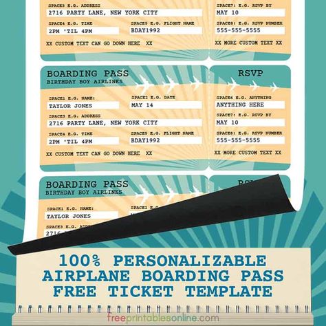 A blue and yellow free printable airline boarding pass template that is 100% personalizable with all customized text for the occasion of your choosing. Ticket Template Free Printables, Ticket Invitation Template, Ticket Template Printable, Ticket Template Free, Event Ticket Template, Surprise Vacation, Boarding Pass Template, Printable Tickets, Airline Ticket