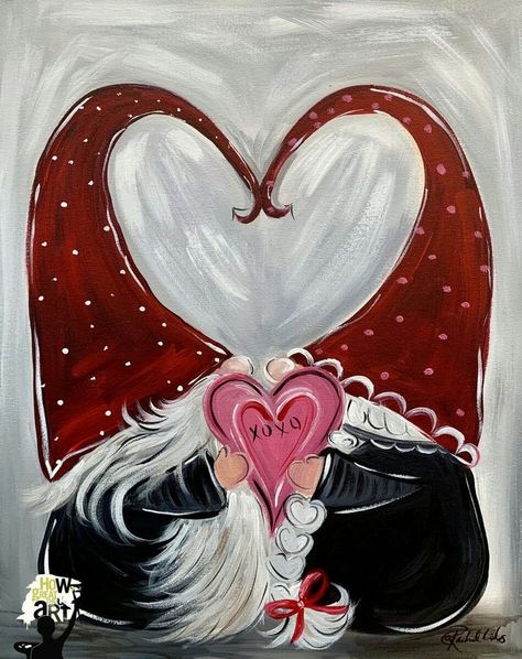 Couples Christmas Painting Ideas, Valentine's Painting On Canvas, Valentine Day Canvas Painting, Easy Gnome Paintings On Canvas, Valentine Day Painting Ideas Canvases, Valentine’s Painting Ideas, February Painting Ideas, Valentine Gnome Painting, Valentines Canvas Painting Ideas