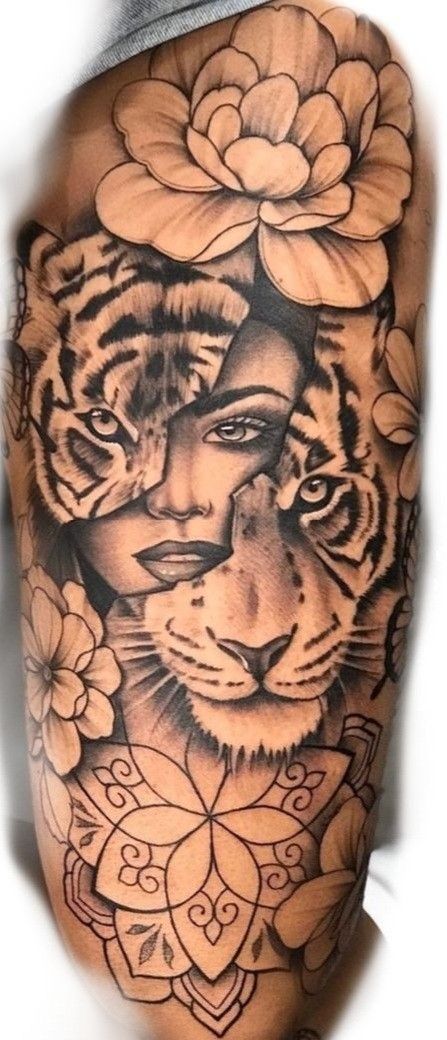 Lion Tattoo With Woman Face, Leo Half Sleeve Tattoos For Women, Feminine Lion Tattoo For Women Leg, Half Lion Face Tattoo For Women, Lion And Woman Tattoo, Half Tiger Half Woman Tattoo, Half Lion Half Woman Tattoo, Lion Sleeve Tattoo Woman, Unique Half Sleeve Tattoos For Women Lower Arm