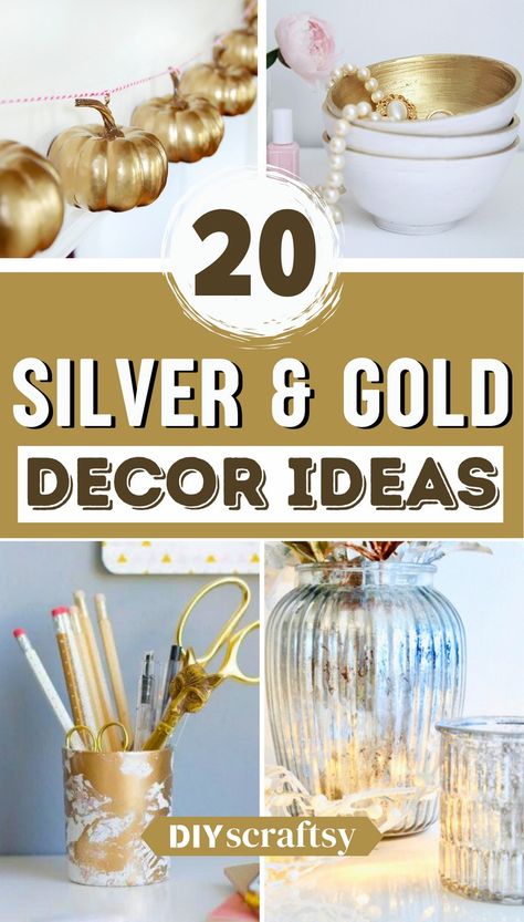 20 DIY Silver and Gold Decor Ideas Diy Gold Wall Decor, Silver And Gold Decor, Gold Decor Ideas, Diy Gold Decor, Silver Wall Decor, Boho Crafts, Gold Wall Decor, Gold Christmas Decorations, Gold Diy