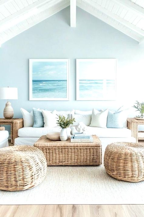 Florida Sunroom Decorating Ideas, Beach House Neutral Decor, Living Room Decor Beach Coastal Style, Living Rooms With Light Blue Walls, Classy Beach Decor Coastal Style, Coastal Movie Room, Coastal Elegance Living Room, Beach Vibe Decor Style Inspiration, Coastal Bohemian Living Room